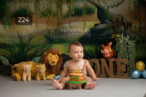 Safari themed first birthday setup with plush animals and jungle backdrop.