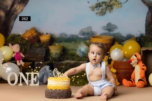 Baby boy sits before a smash cake at a Winnie the Pooh themed first birthday photo session.