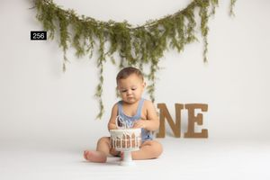 Baby boy in blue romper smashing his first birthday cake, seated on white backdrop with greenery and ONE sign.