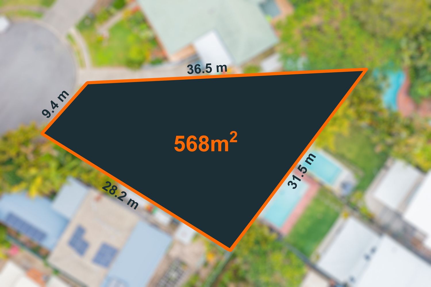 Aerial view of triangular 568m² vacant land parcel with dimensions 36.5m, 31.5m, 28.2m, and 9.4m sides.
