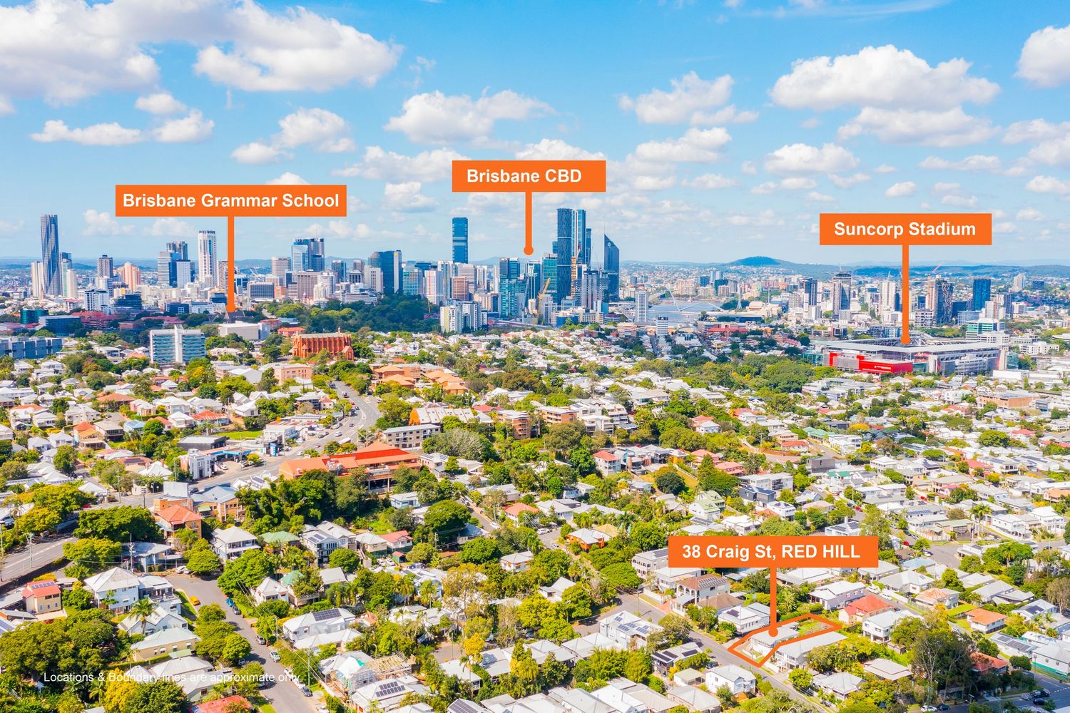 Aerial view of Red Hill property with Brisbane CBD, Brisbane Grammar School, and Suncorp Stadium visible.