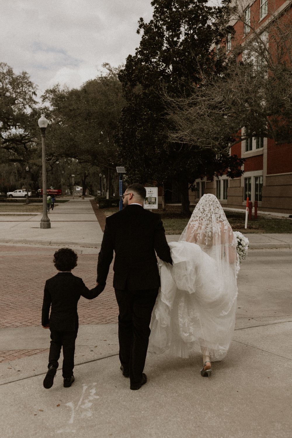 A wedding party walks down a tree-lined sidewalk on an overcast day, with the bride in a flowing white dress and veil.
