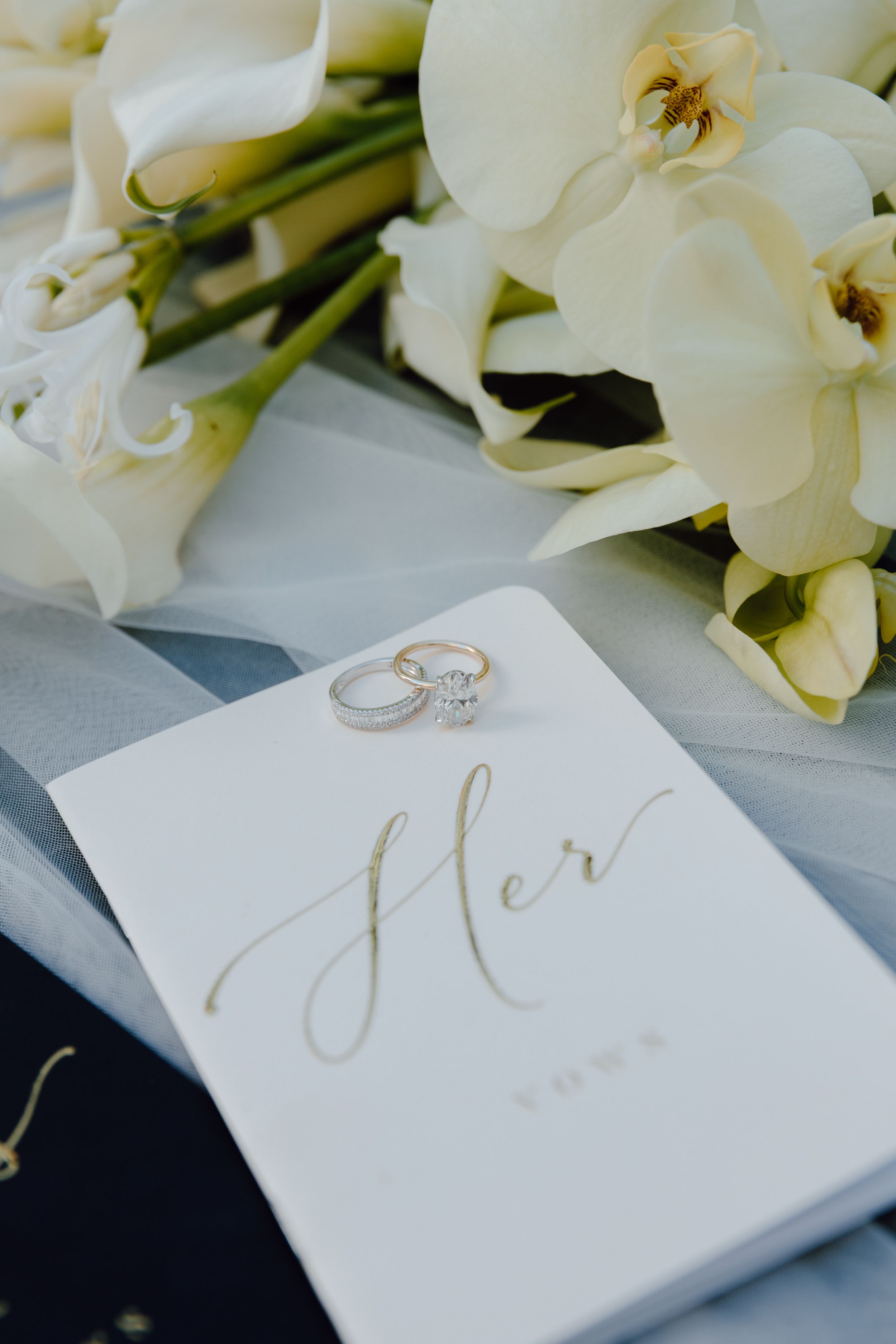 White wedding invitation card with elegant calligraphy text displayed alongside orchids and diamond ring on light surface.