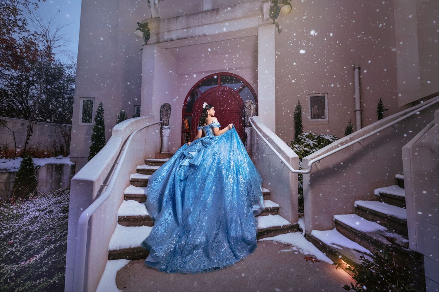 A person in a flowing blue ball gown descends stone steps in a dreamy outdoor photoshoot sequence.