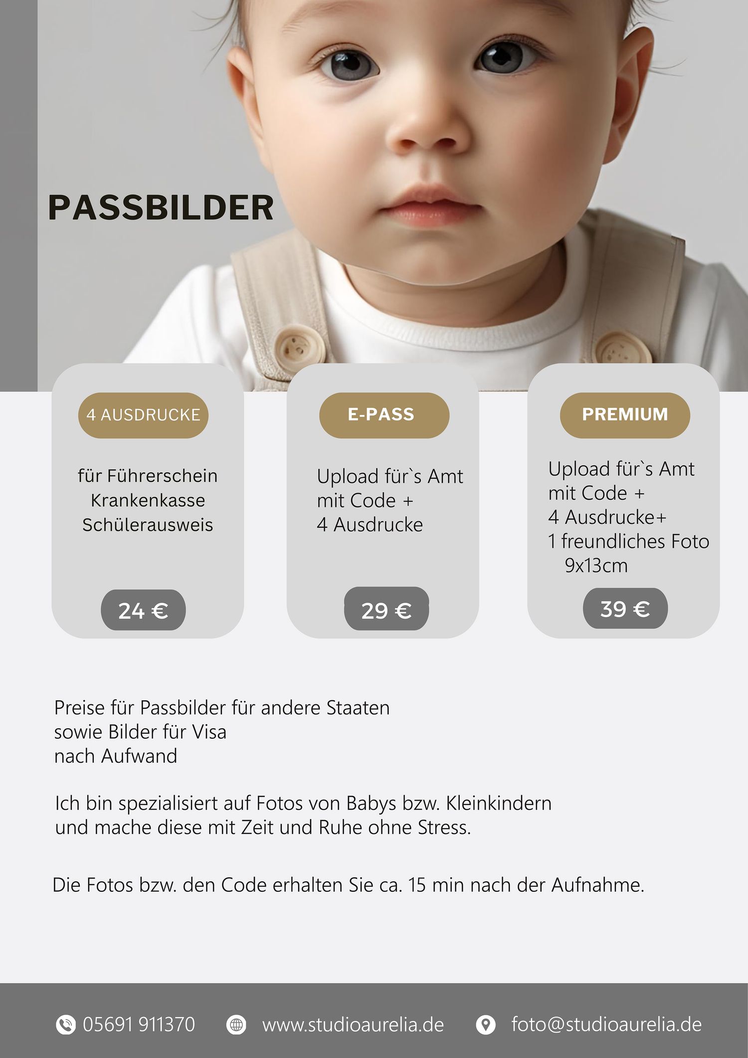 Preise für Passbilder als Ausdrucke für Führerschein oder mit Code für E-Pass oder mit zusätzlich einem schönen Portrait in 9x13 ab 24 €