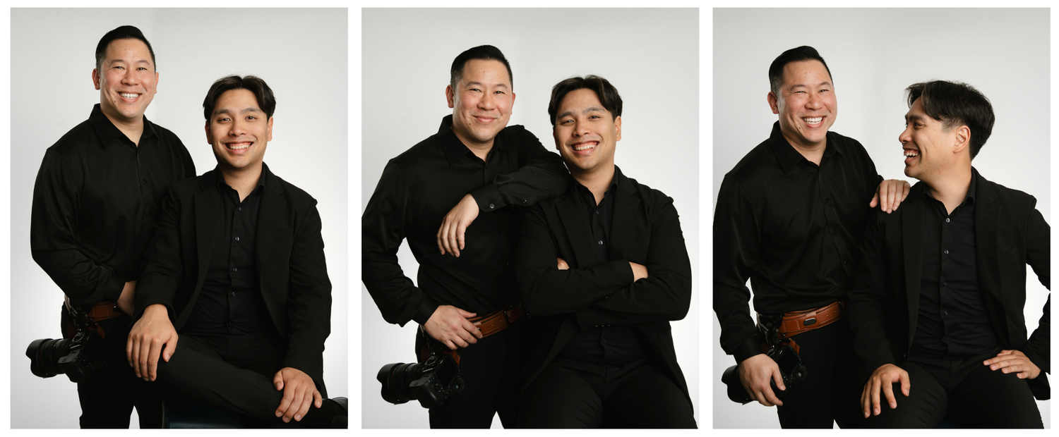 A series of black and white photos showing a couple in matching dark outfits posing playfully together.