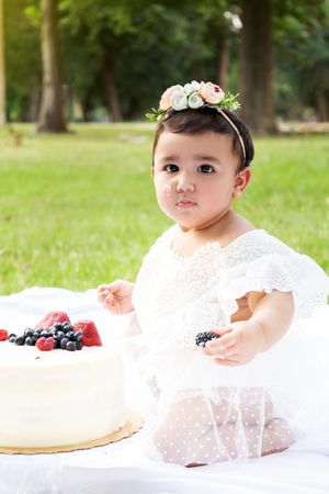 Outdoor picnic scene with fresh berries and white cake.