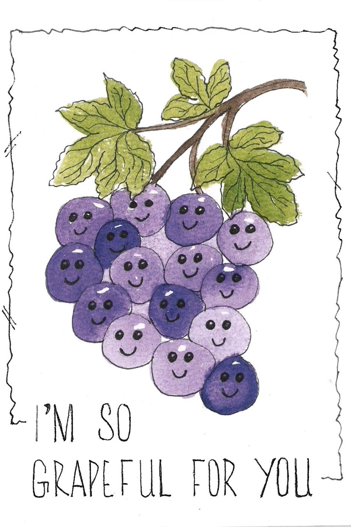 Watercolor illustration of smiling purple grapes on a vine with text 'I'm so grapeful for you'.