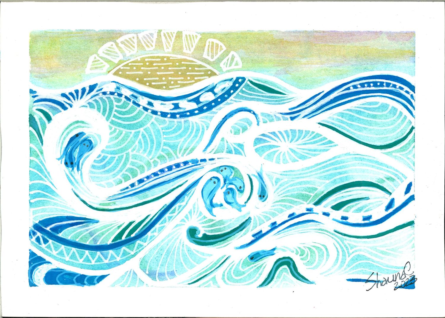 Abstract watercolor waves in shades of blue and teal with swirling decorative patterns.