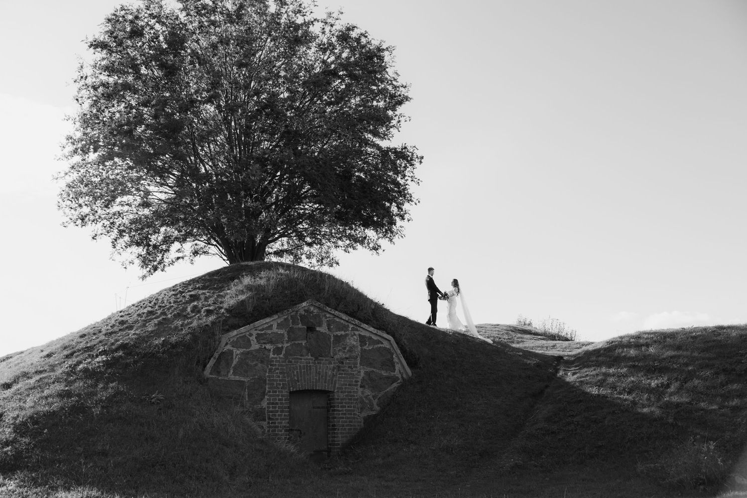 Silhouette of couple standing atop hill with tree against moody sky.