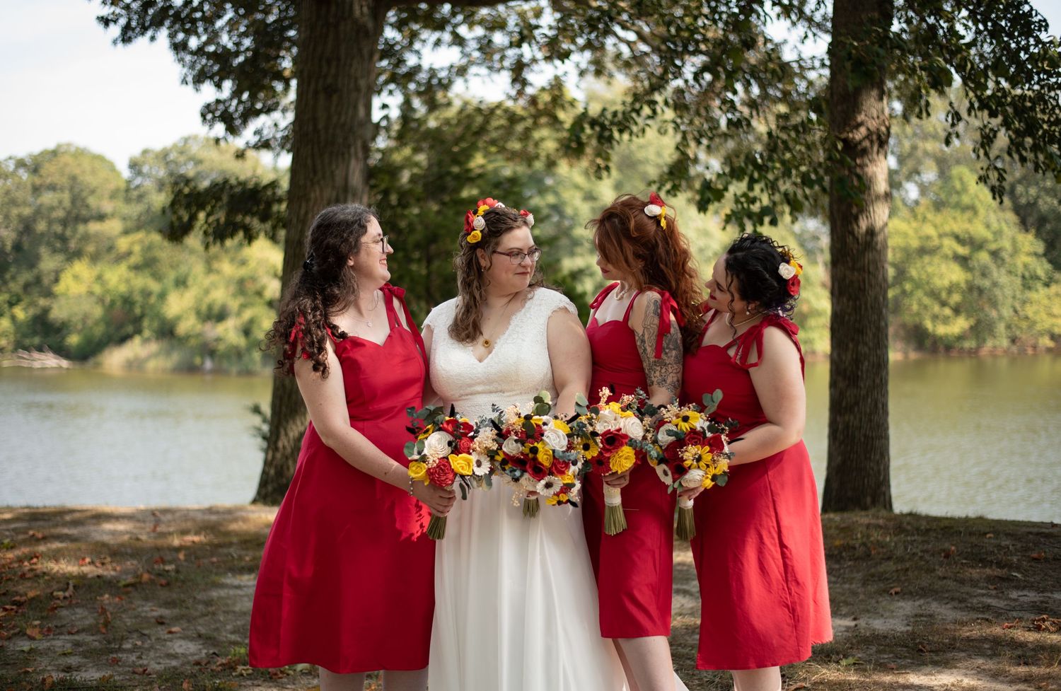 Bridesmaids admiring the brides beauty at a septemeber wedding at Wye Island, a wedding venue on a budget.