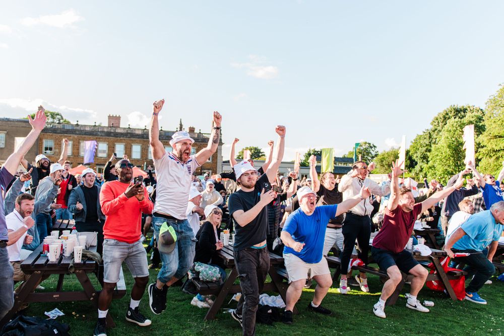 Large group of people performing synchronised dance moves on a grassy lawn during an outdoor event.