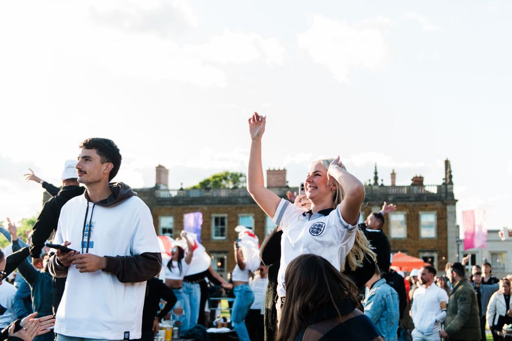 A crowd of festival-goers dancing and celebrating with raised arms at an outdoor music event.