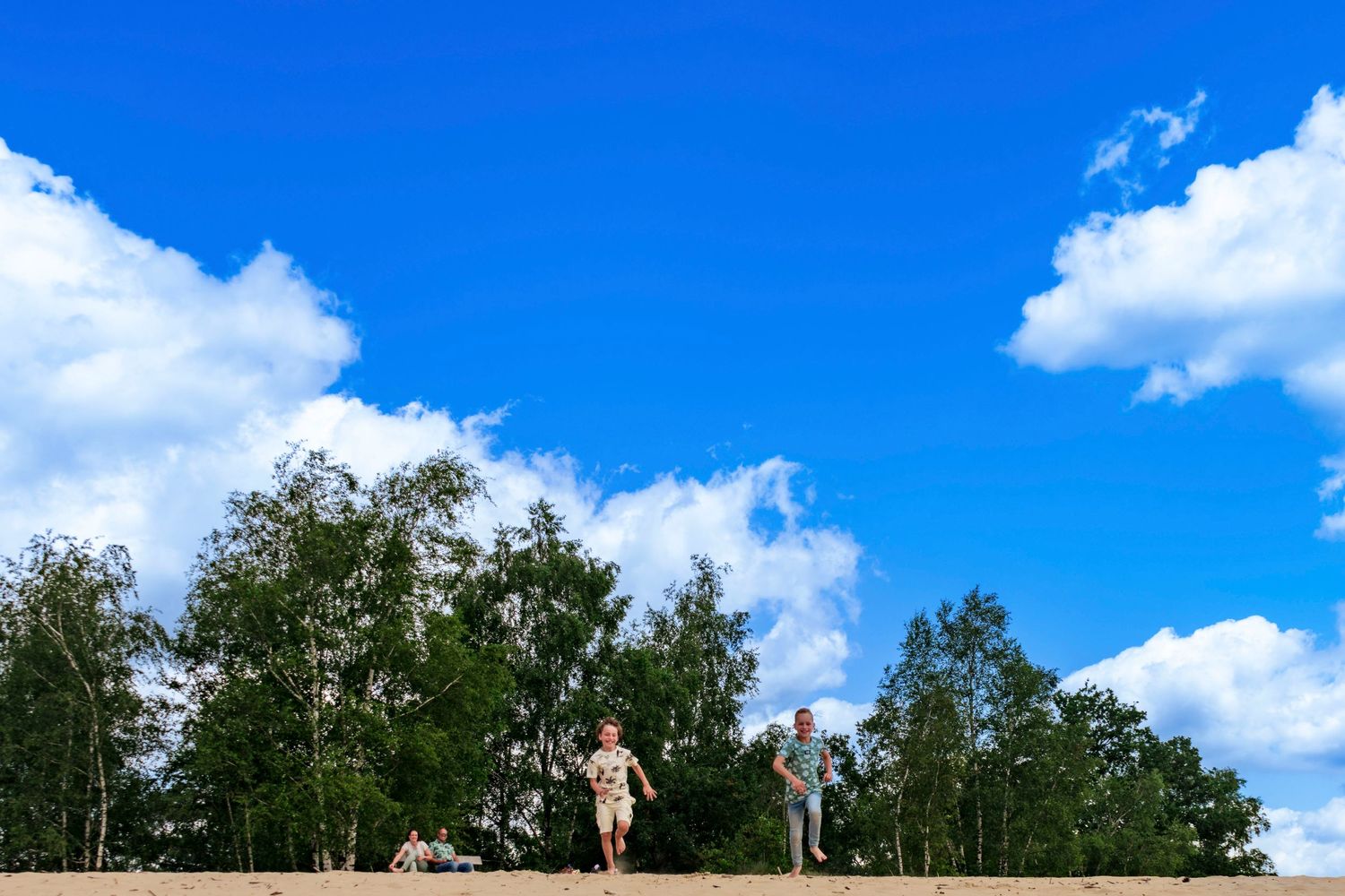 Two figures silhouetted against bright blue summer sky with birch trees in background.