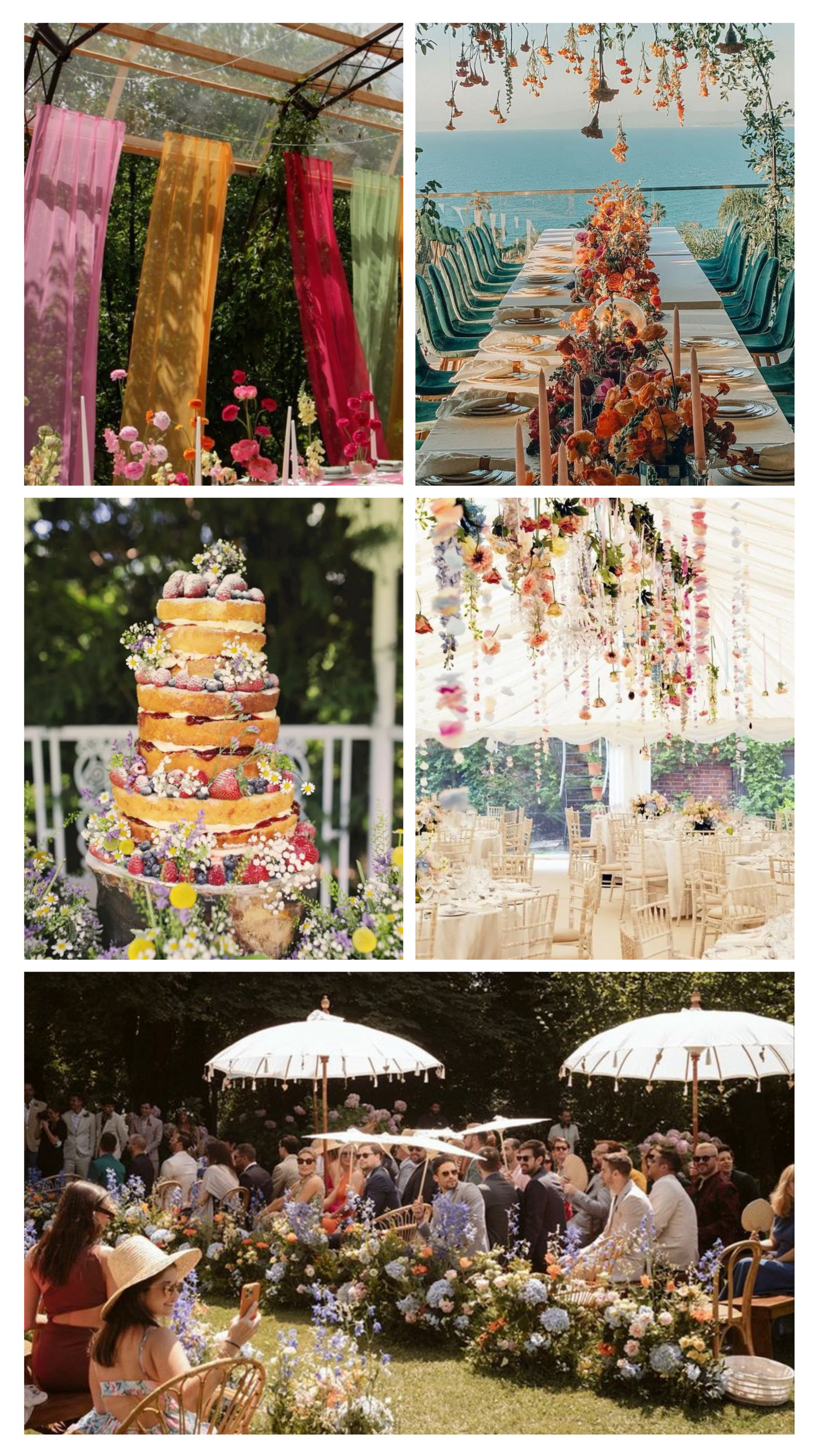 A collection of wedding decor featuring colorful floral arrangements, an ornate tiered cake, and outdoor seating with white umbrellas.