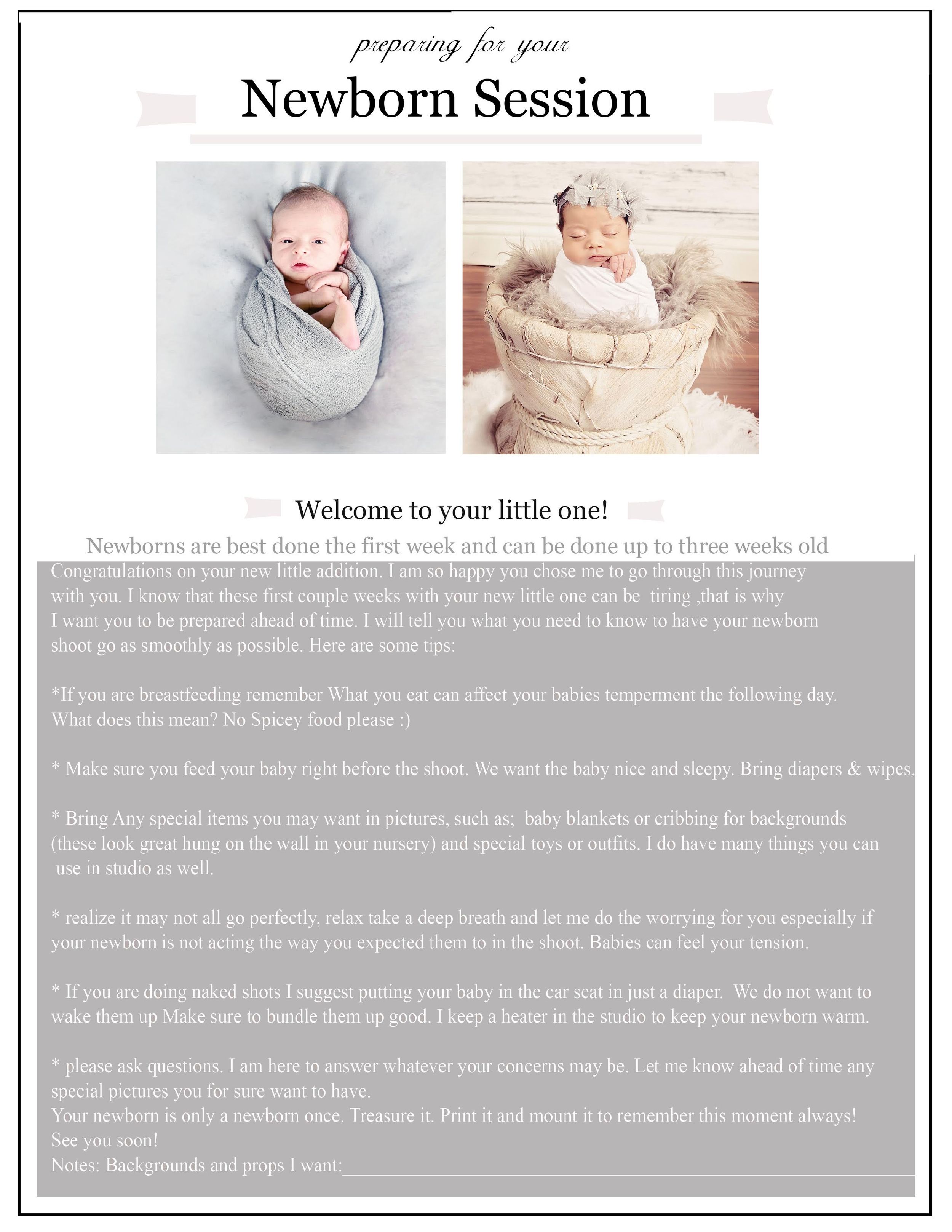 Two professional newborn portraits show tiny babies swaddled in soft wraps, one in gray and one in beige material.