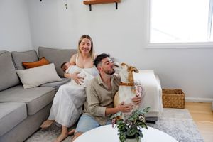A couple relaxes on a gray couch with their dog in a bright minimalist living room with indoor plants.