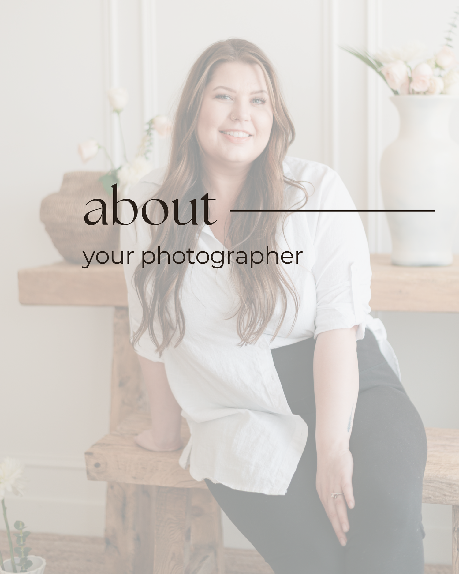 A photographer sits casually on a wooden bench with text overlay reading 'about your photographer' in a minimalist style.