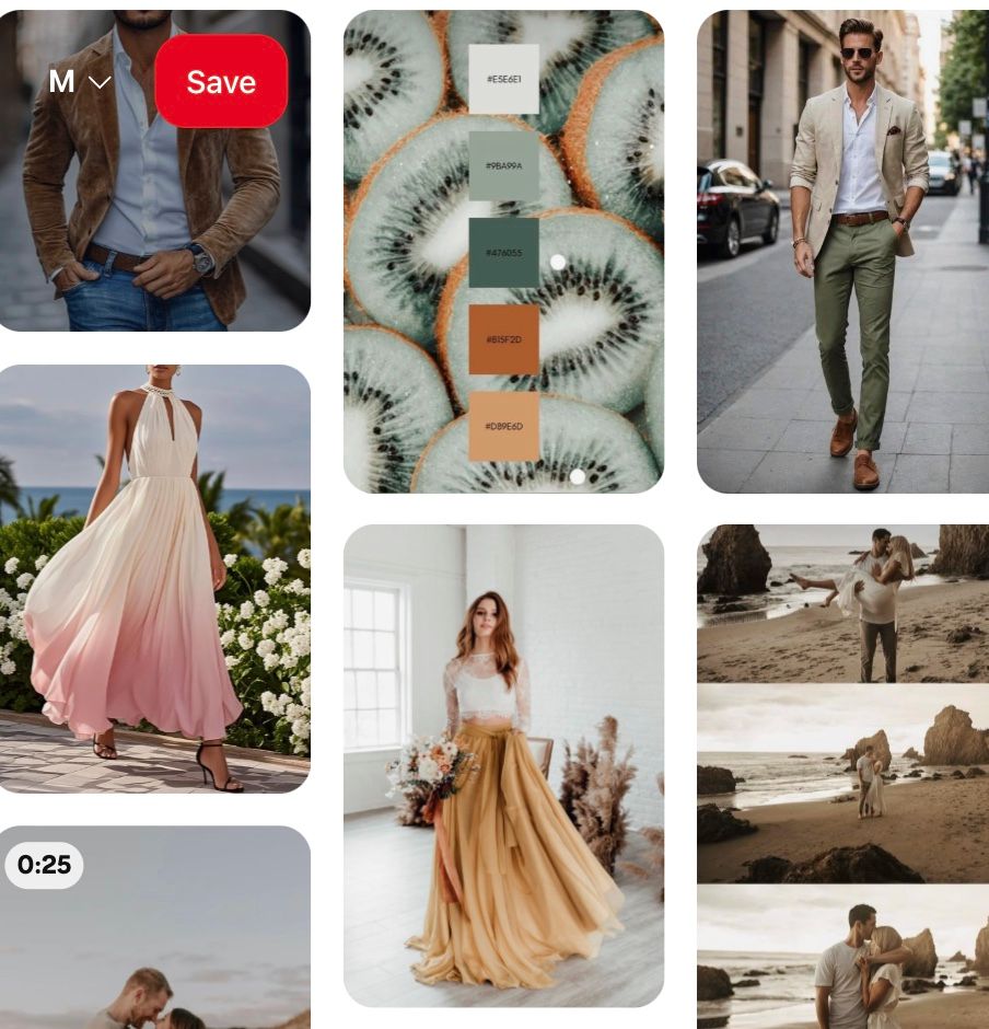 Fashion inspiration moodboard featuring bohemian style outfits, perfume bottles, and romantic summer clothing in earthy tones.