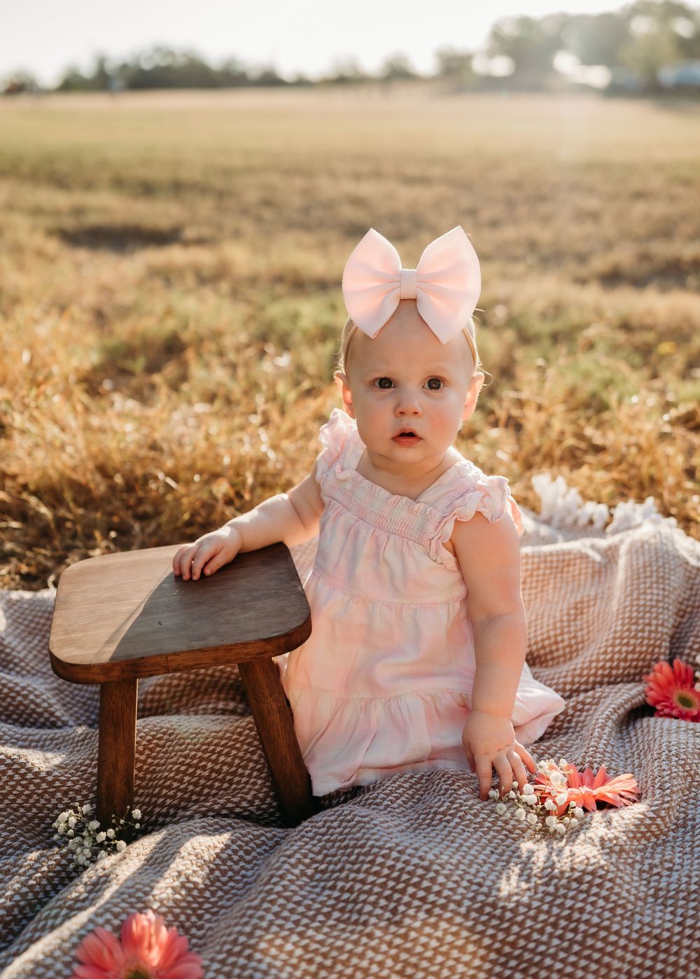 A baby in a pink dress and bow sits on a picnic blanket with a wooden table in a golden sun-lit field.