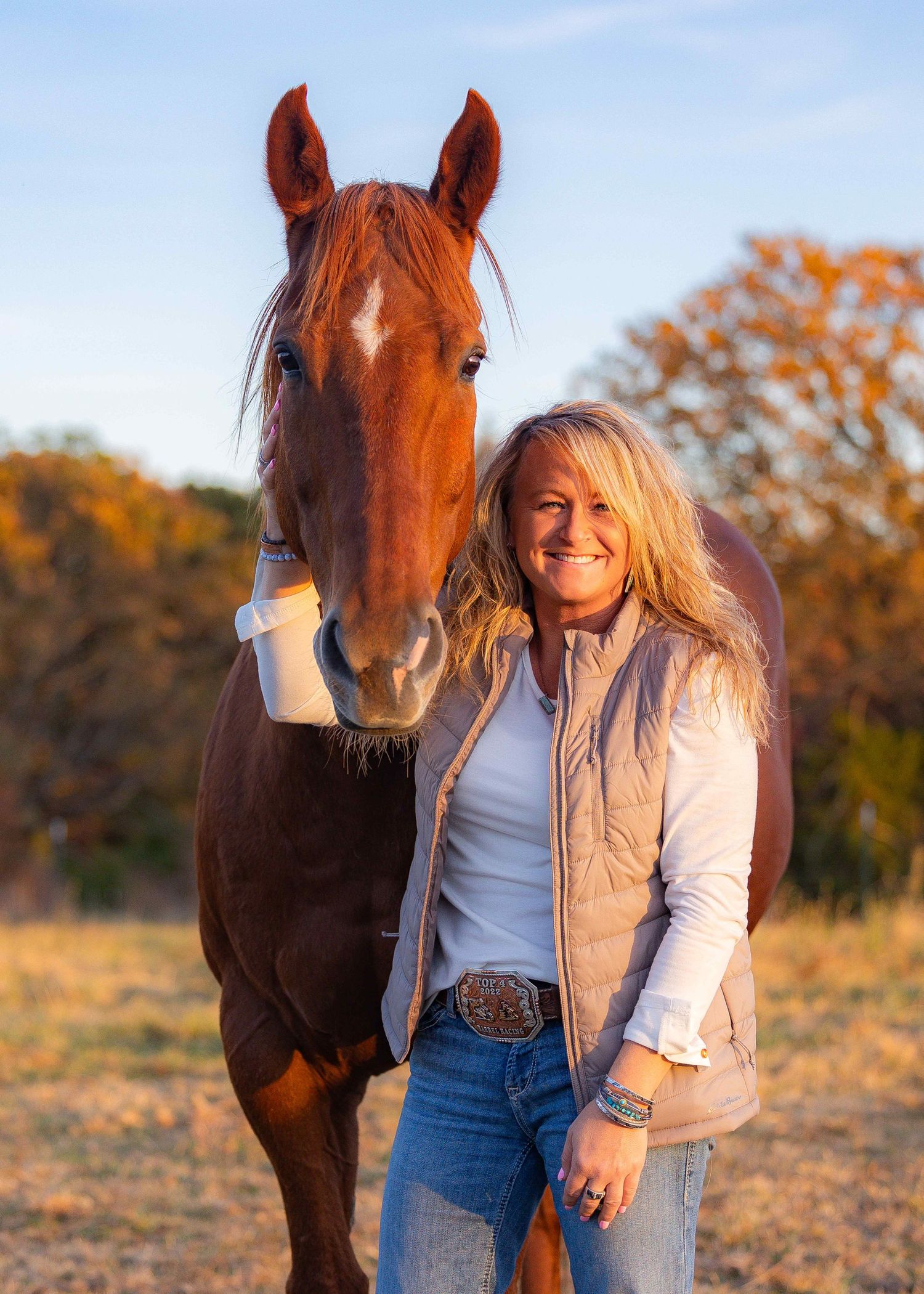 Chestnut horse with white blaze and companion stand together in autumn field during golden sunset.