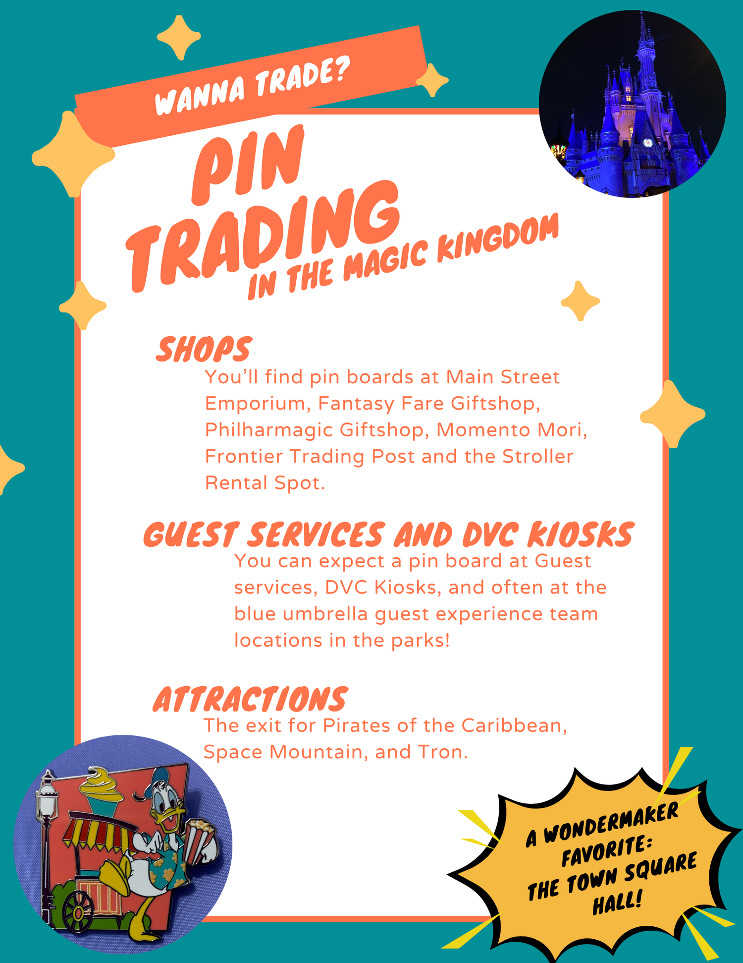 Pin trading guide for Magic Kingdom showing shop locations and iconic castle imagery.