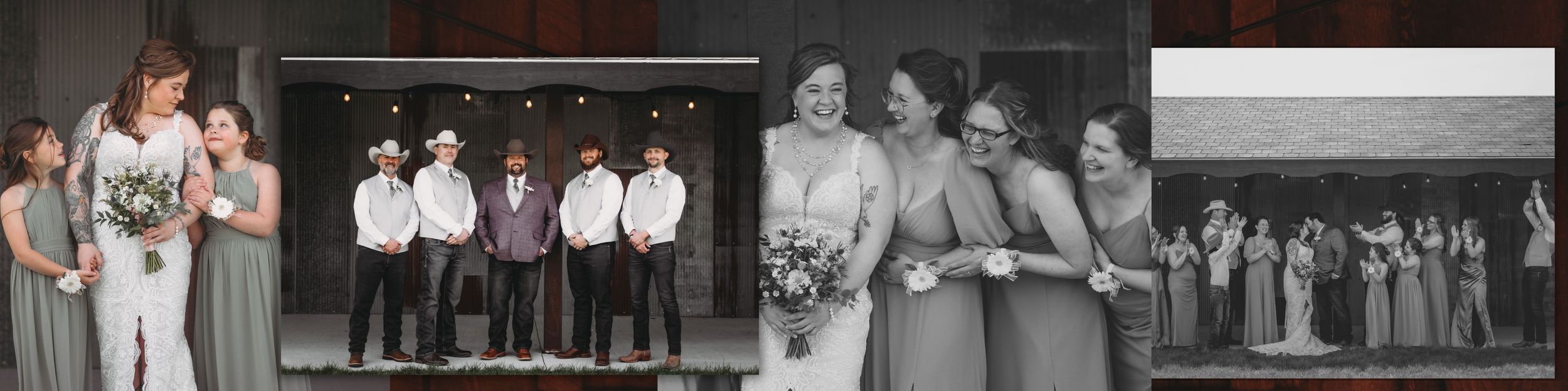 A classic black and white wedding party group photo with formal attire and elegant poses.