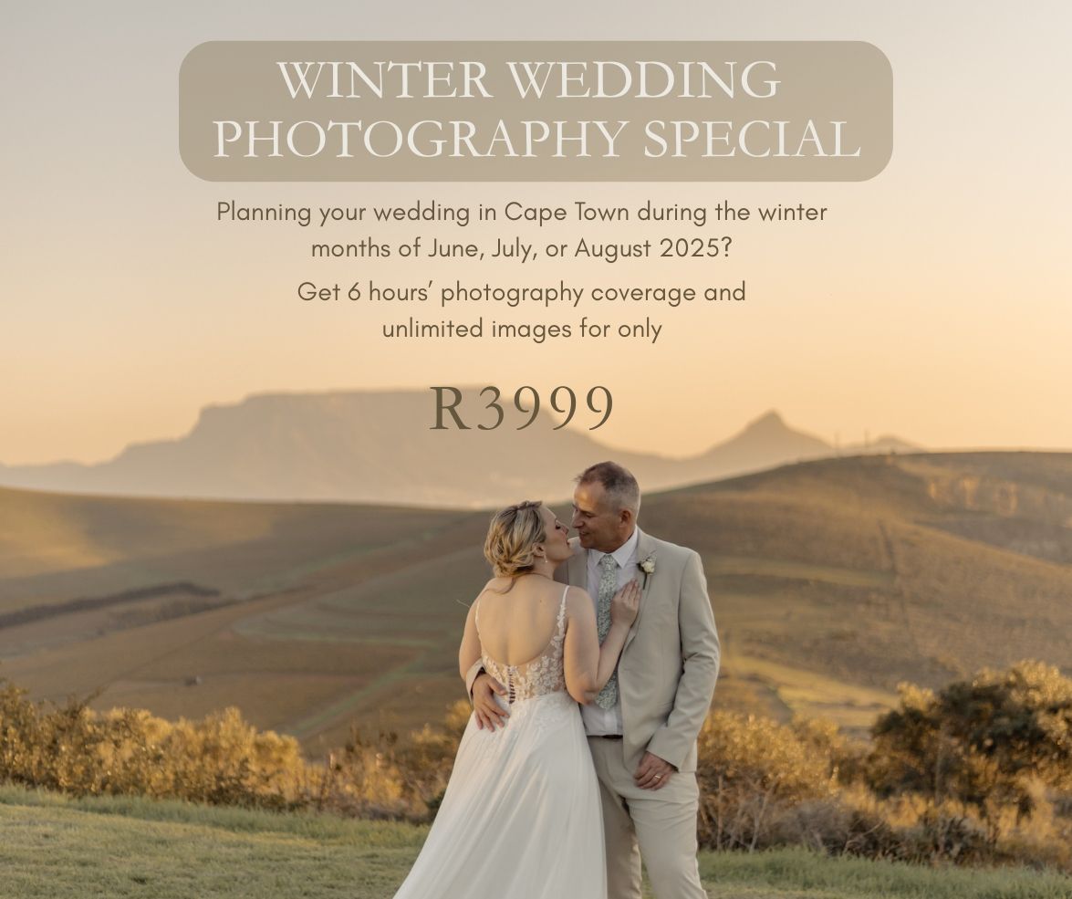 Wedding photography promotion showing couple in formal attire against sunset mountain landscape for R3999 winter special.