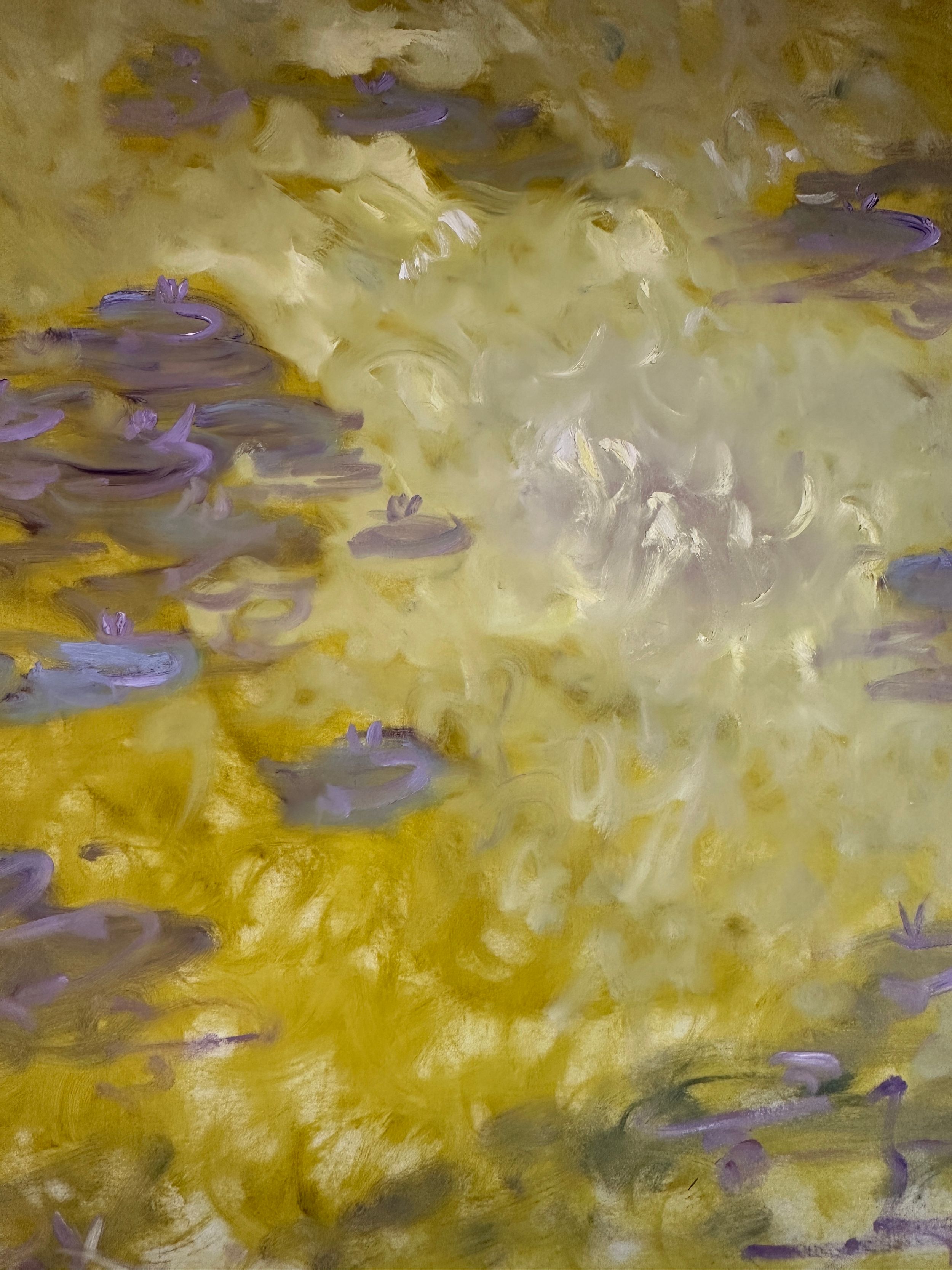 Abstract painting with swirling yellow and purple tones creating a dreamy, impressionistic water lily effect.