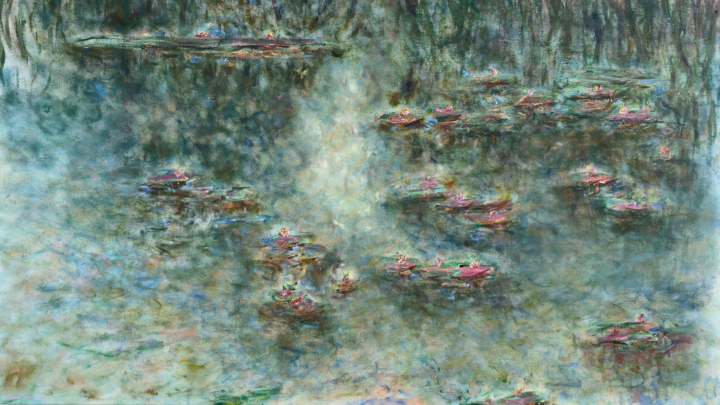 A detail from Monet's Water Lilies series showing pink flowers floating on misty blue-green pond water.