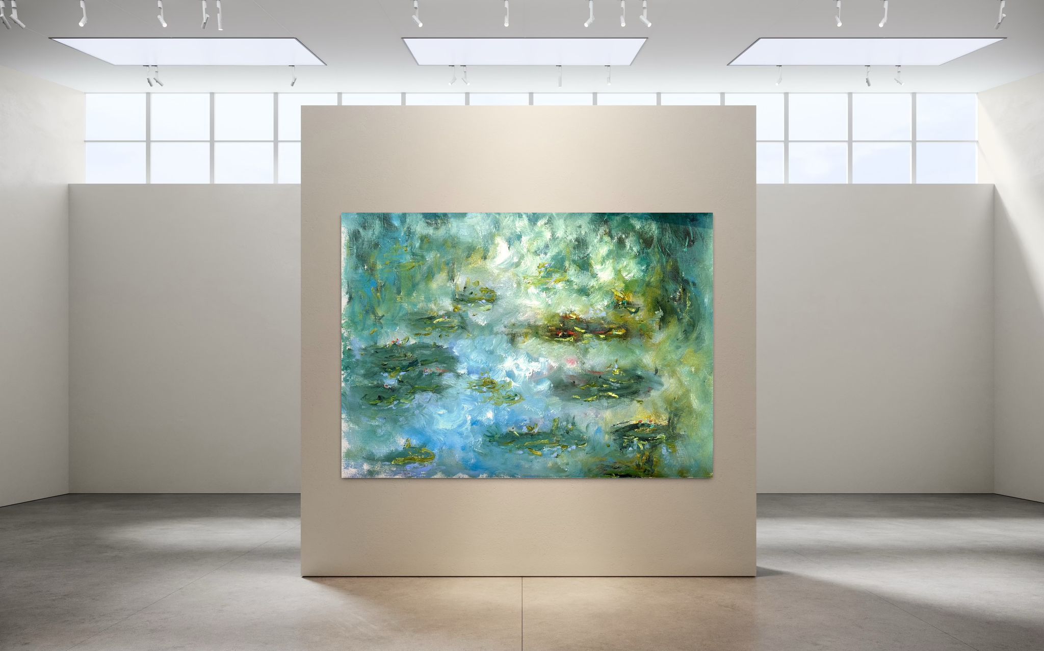 Large abstract watercolor painting reminiscent of Monet's water lilies displayed in modern gallery with natural lighting.