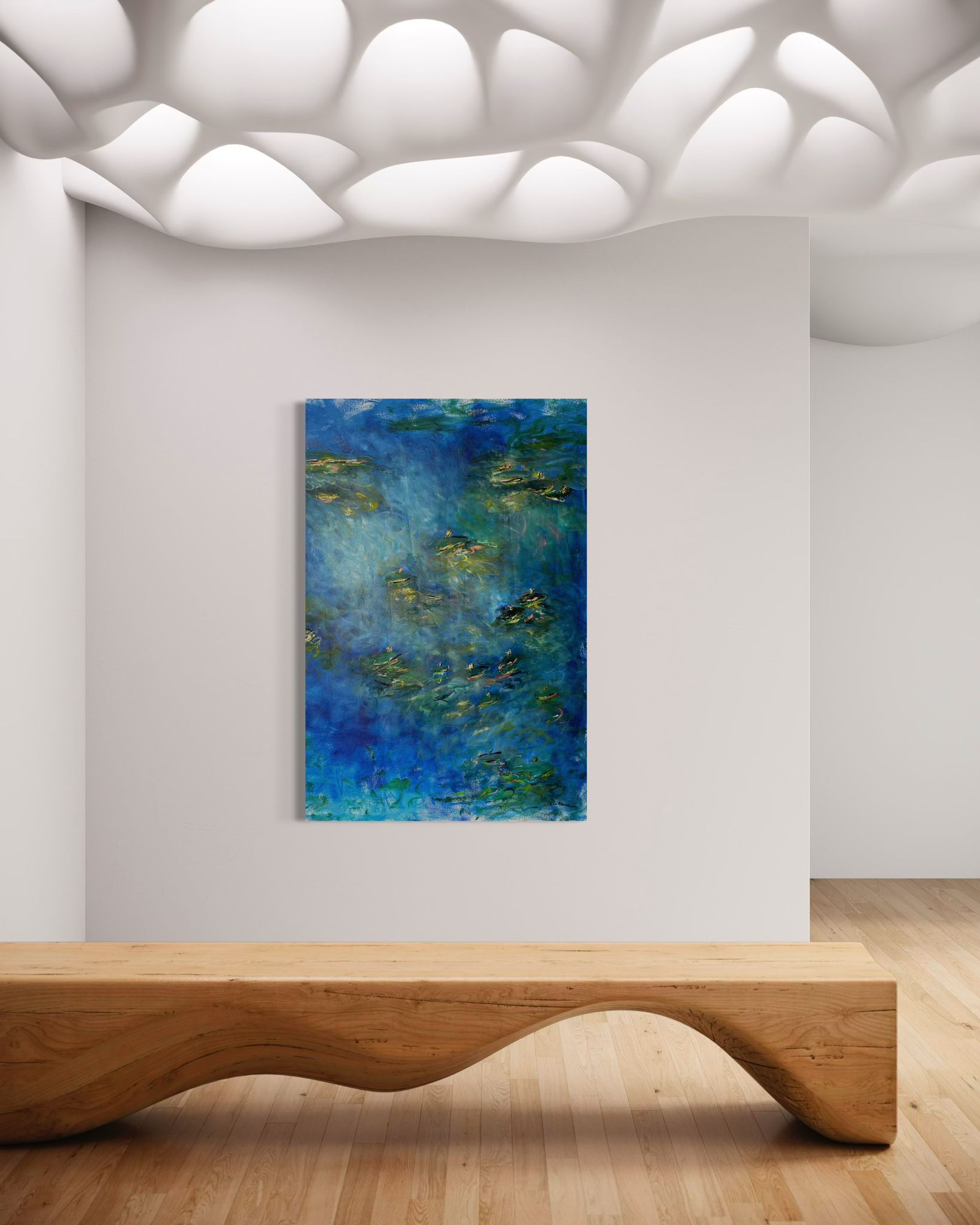 Modern gallery interior with sculptural ceiling, wooden bench, and a blue water-inspired painting mounted on white wall.