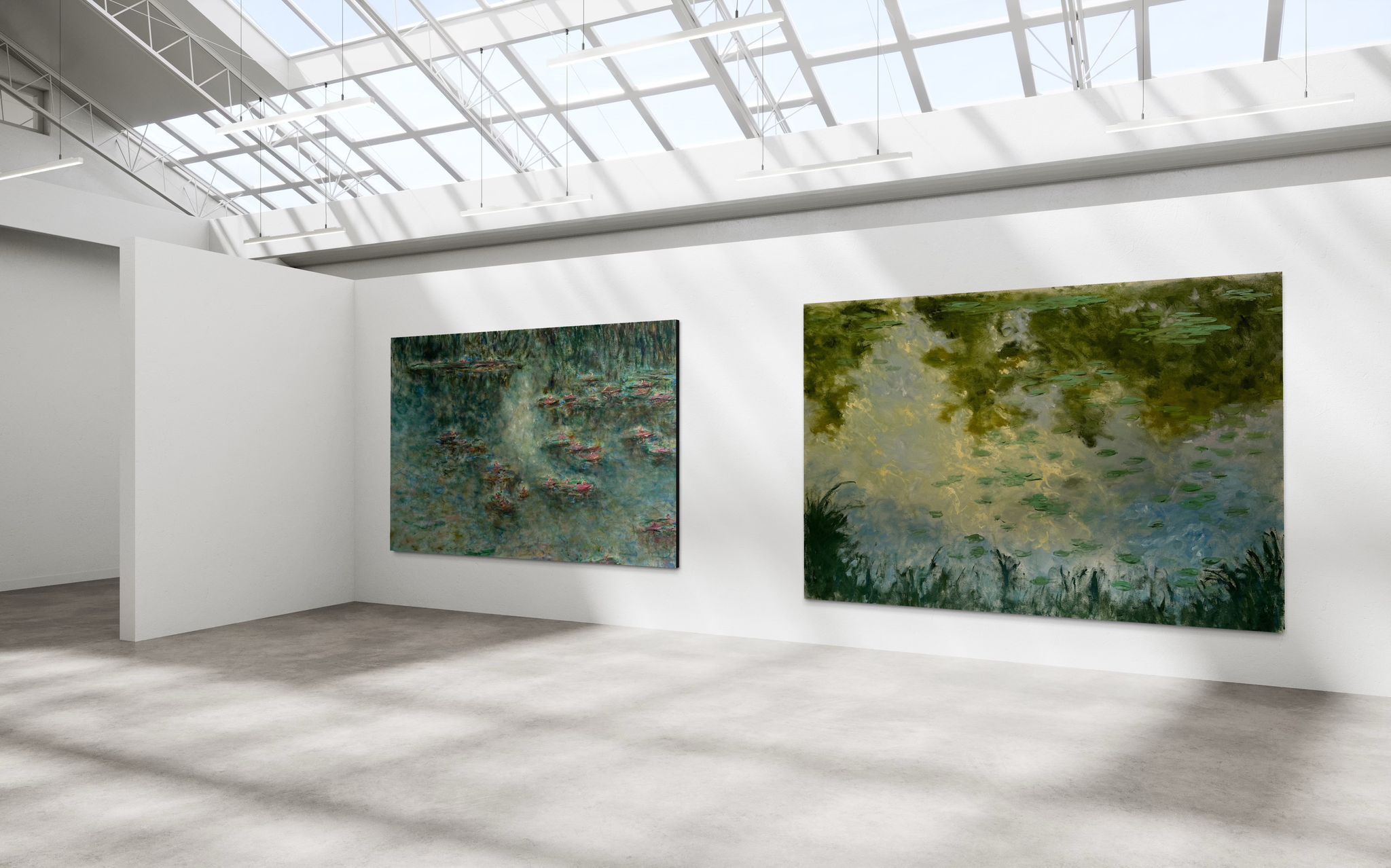Art gallery interior with white walls and skylights showcasing large nature-themed paintings mounted in sequence.