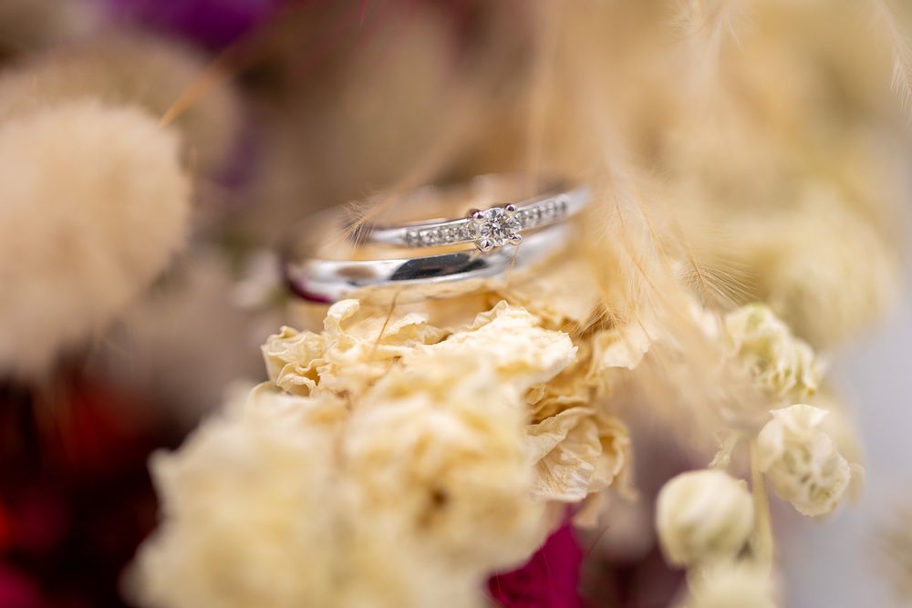 Close-up of a delicate wedding ring nestled among soft white dried flowers.