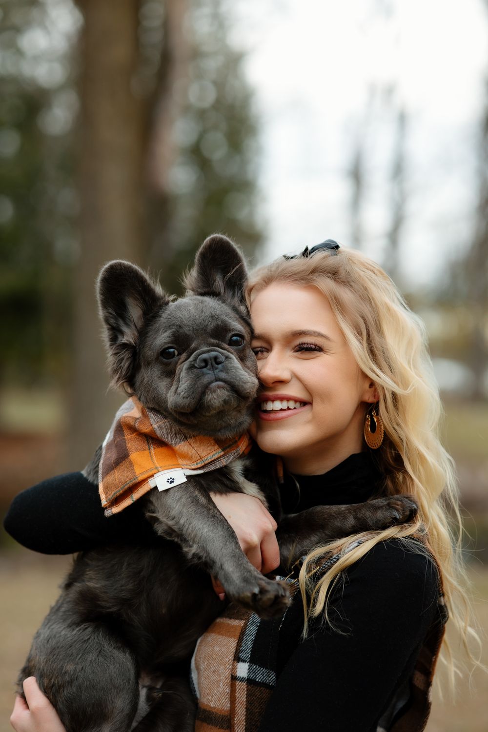 Person in black turtleneck holding gray French Bulldog wearing orange bandana against fall backdrop.