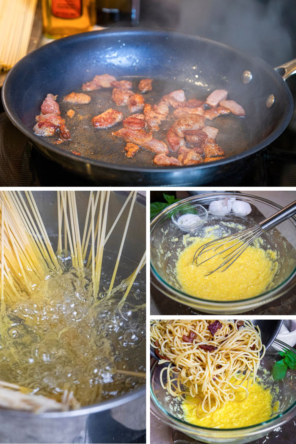Collage showing steps of making carbonara pasta with guanciale, boiling noodles, and whisking egg mixture.