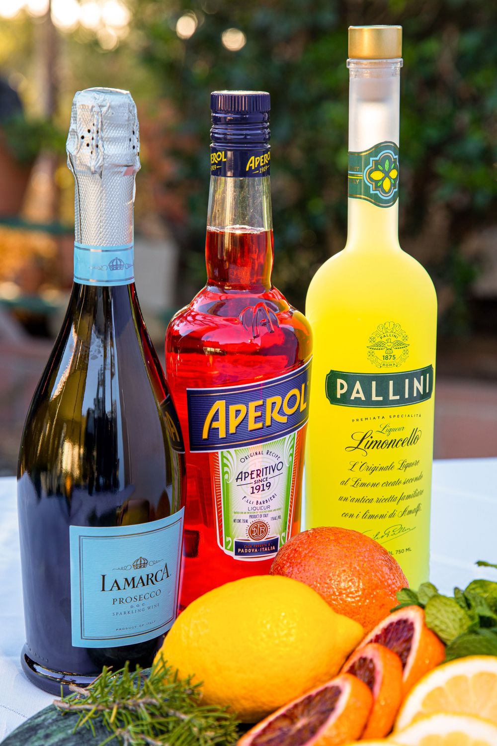 Arrangement of cocktail ingredients including Prosecco, Aperol, Limoncello, and fresh citrus fruits.