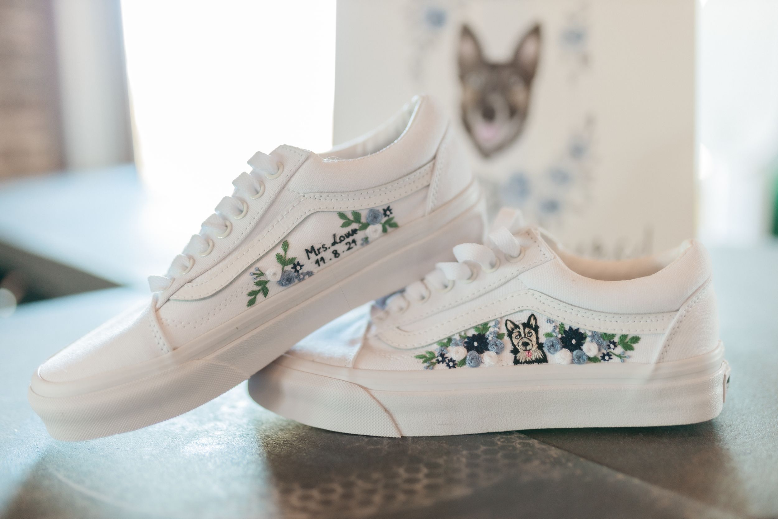 White sneakers with delicate floral embroidery detail - luxury midwest photographer.