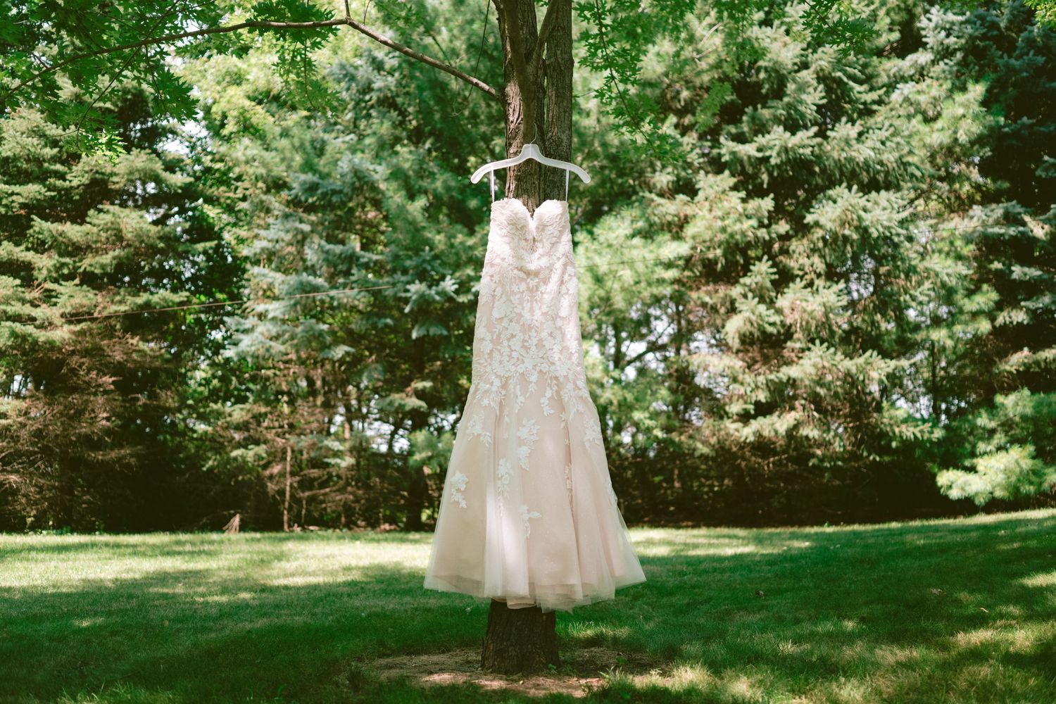A delicate white lace wedding dress hangs from a tree branch in a lush green garden setting.