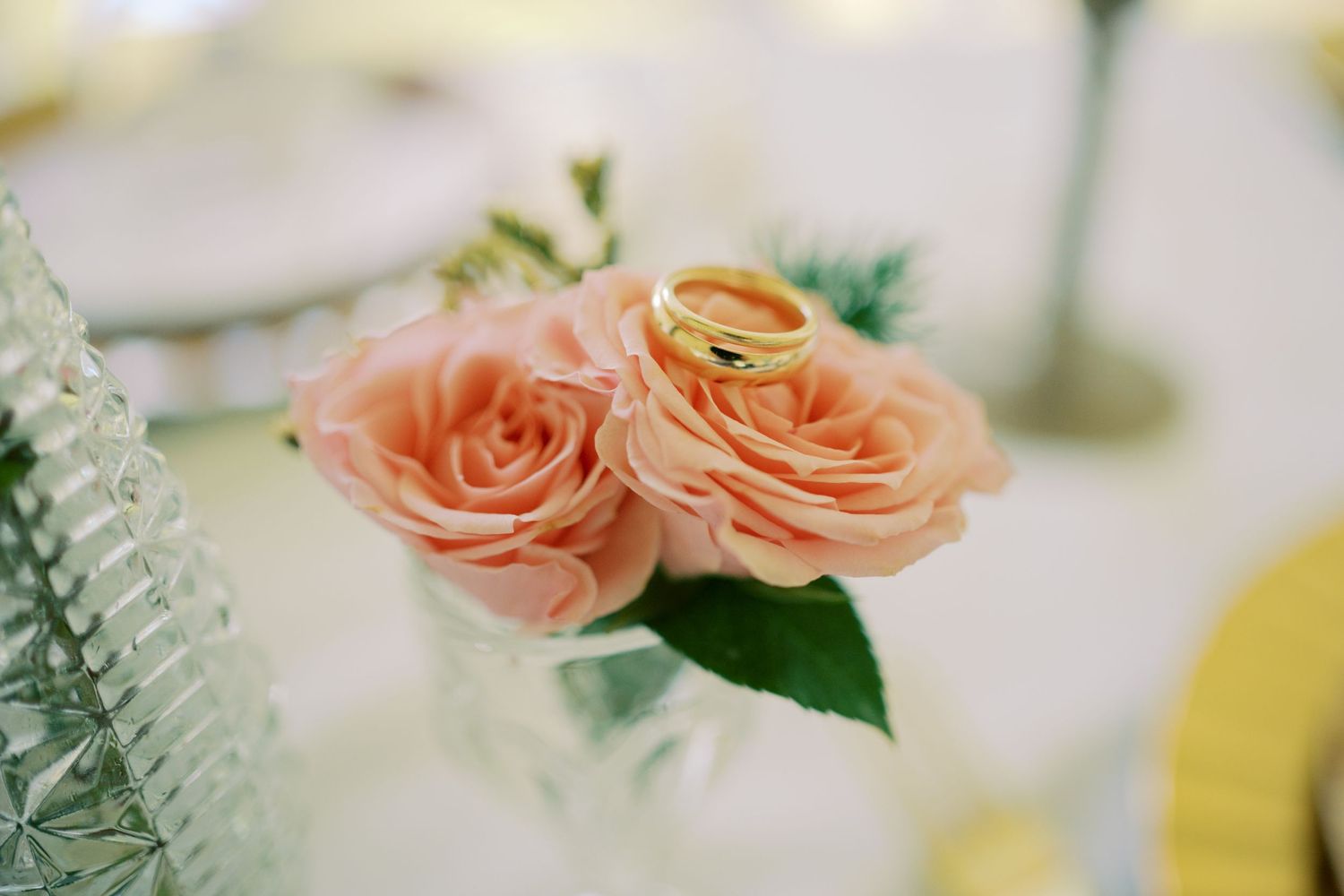 Two delicate peach-colored roses with green leaves arranged against a soft blurred background.