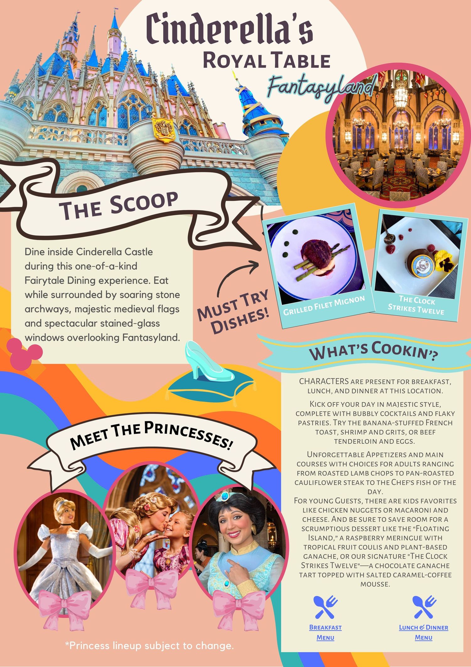 Promotional flyer for Cinderella's Royal Table restaurant featuring castle imagery, dining details, and decorative fantasy elements.