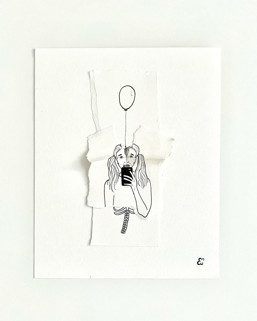 Minimalist sketch of a person holding a phone with long flowing hair and a floating balloon above.