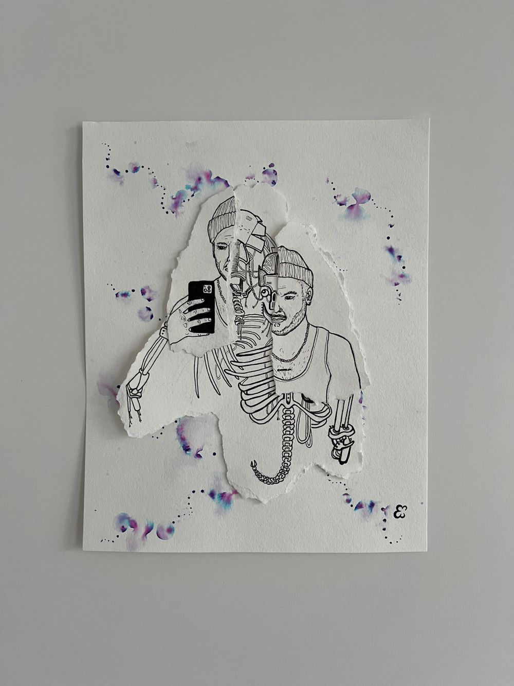 Sketch of a figure with skeletal elements and purple watercolor accents on white paper.