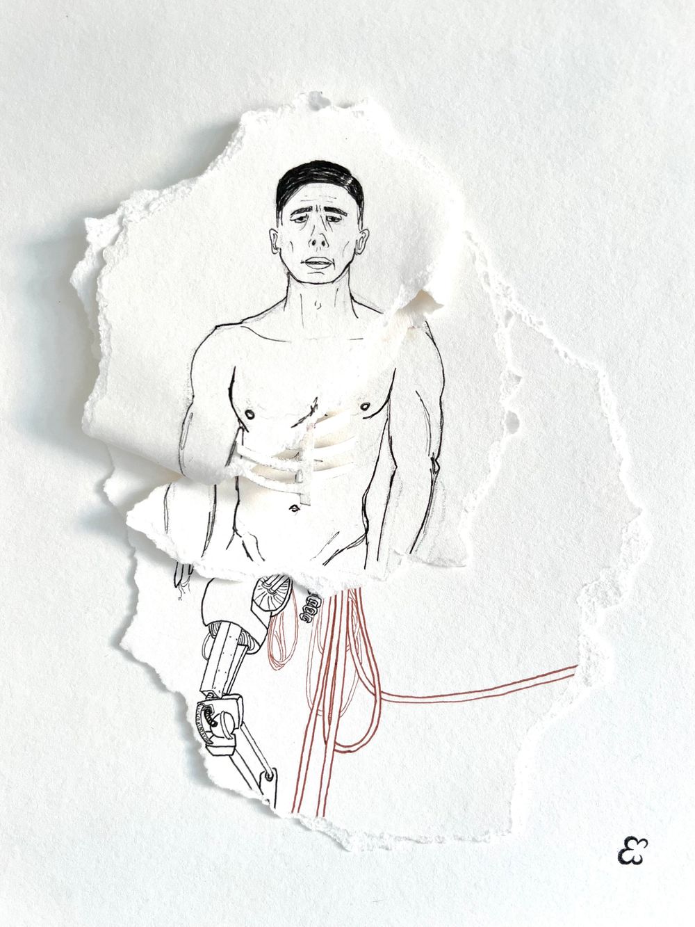 Minimalist sketch of a shirtless figure with mechanical leg attachments on torn paper.