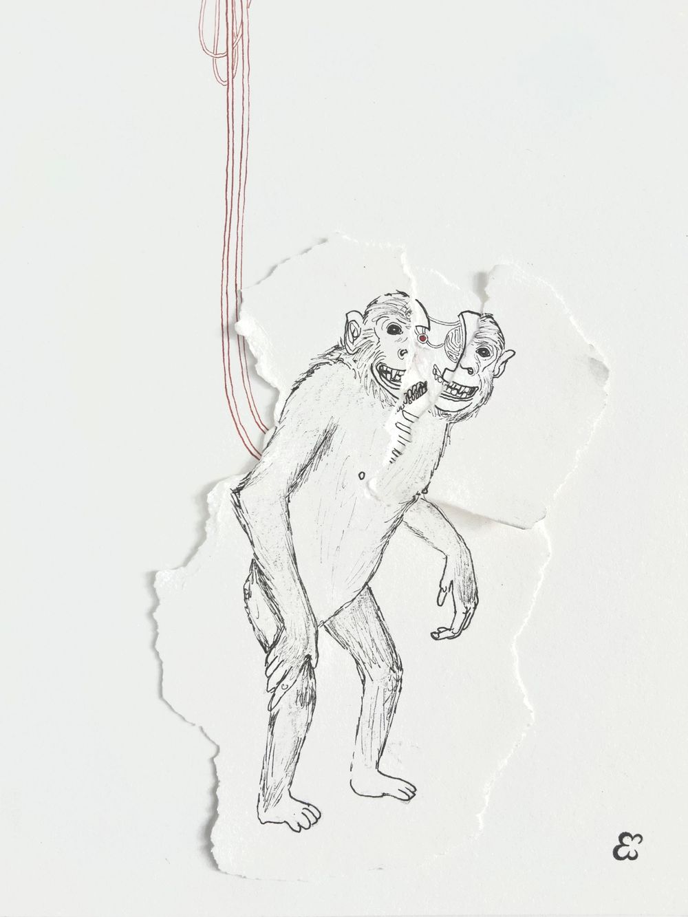 Simple line drawing of a primate figure in motion with torn paper edges.