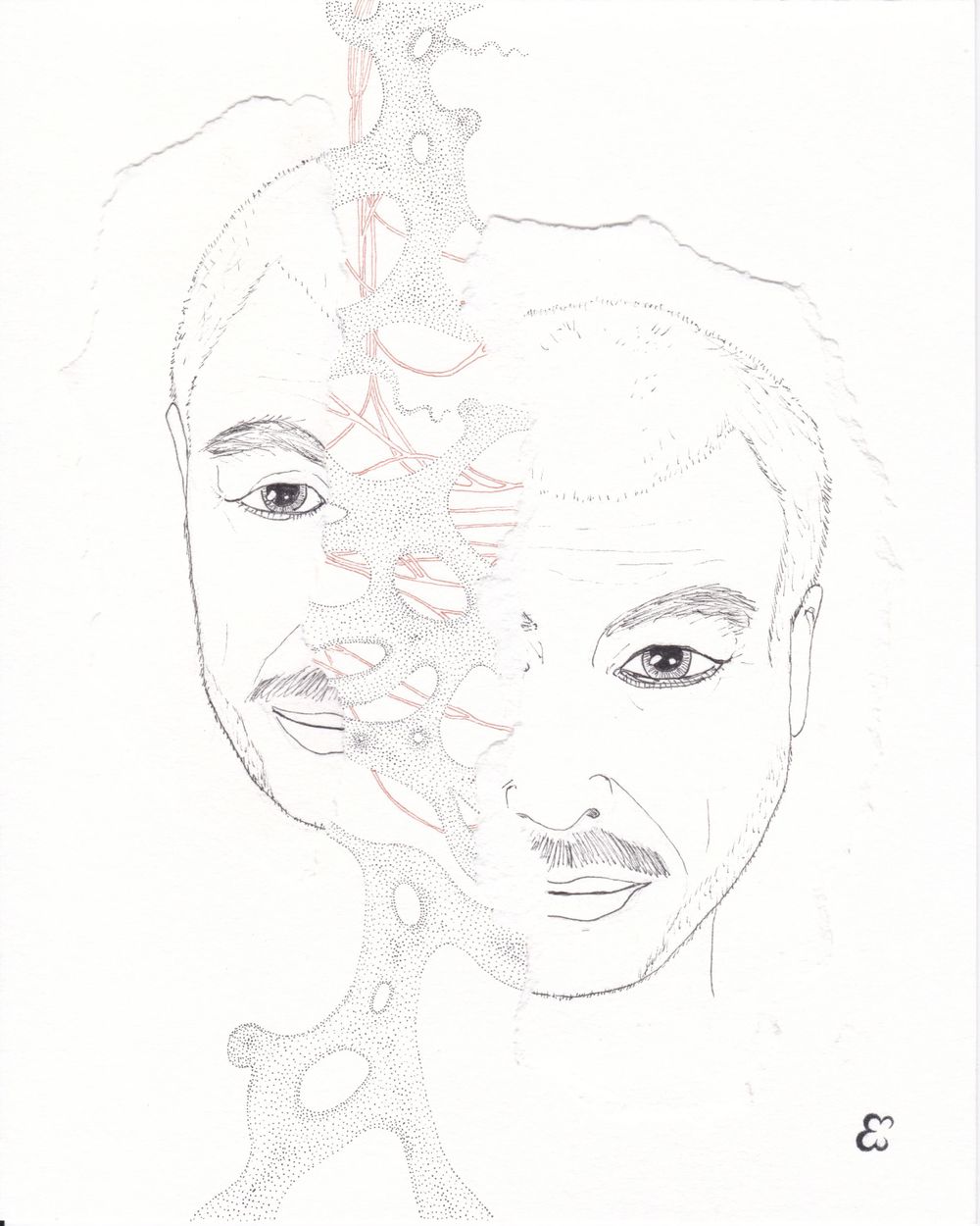 Pencil sketch with abstract flowing pattern overlaid on portrait.