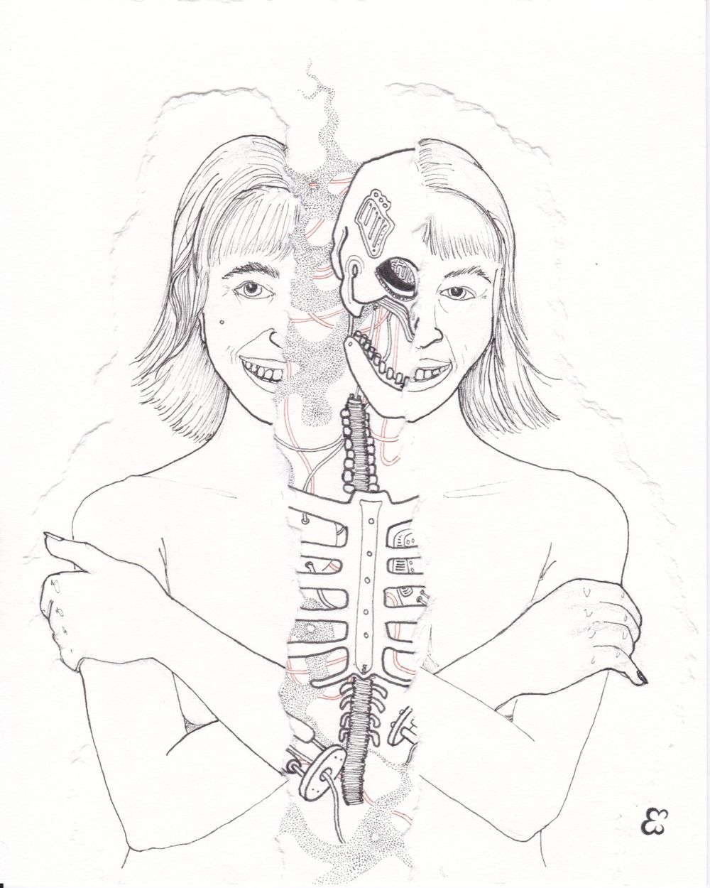 Drawing of a figure split down the middle showing a mechanical skeletal column.