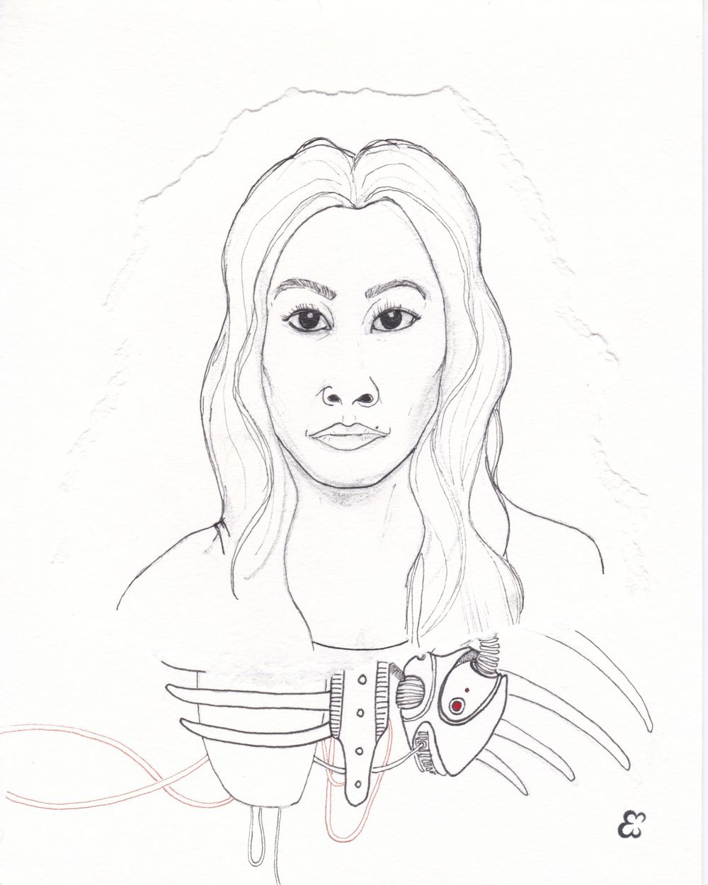 A portrait sketch of a person with long wavy hair and mechanical elements below.