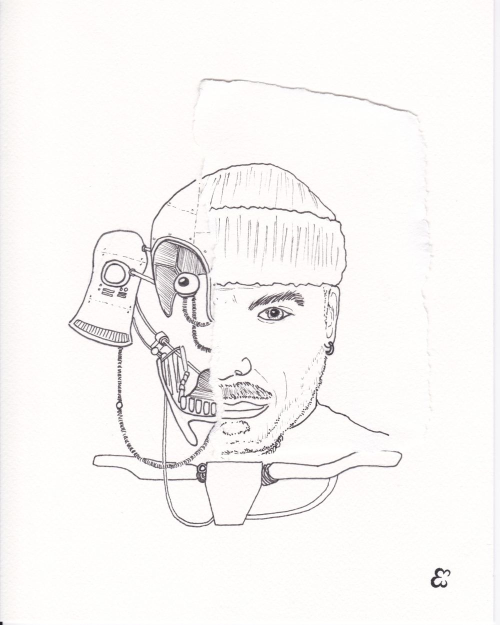 A pencil sketch of a person wearing a beanie with mechanical elements on their face.