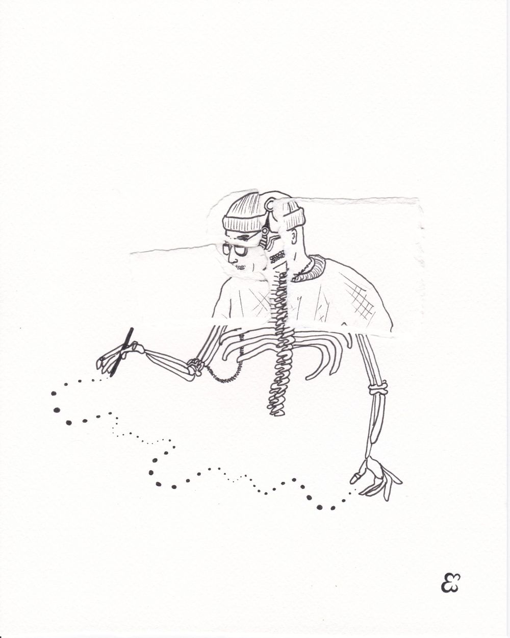 A sketch of a figure with mechanical spine elements drawing or writing dots.